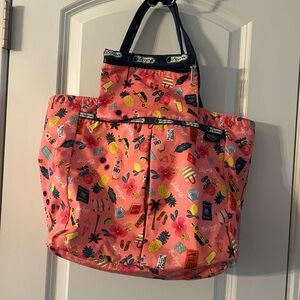 LeSportsac Coral and Navy Patterned Tote